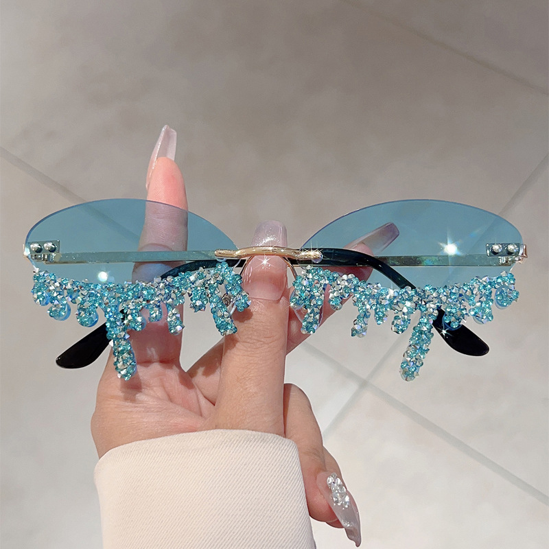 Gold frame-blue lenses-silver base-blue diamond