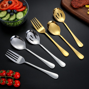 Ensemble de cuillères de service en acier inoxydable, fourchette à long manche pour le partage des aliments lors de fêtes - Product Image 1