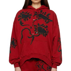 Sudadera con capucha roja con estampado de dragón negro, manga regular, estilo otoñal, 100% algodón, talla grande, prenda al por mayor - Product Image 4