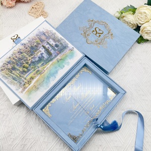 Invitación de boda de acrílico transparente con logotipo personalizado, caja de terciopelo azul claro para baby shower, tarjetas de invitación de boda. - Product Image 1