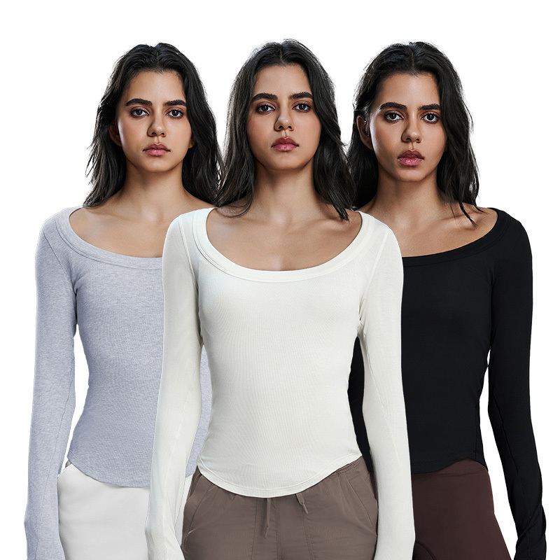 D25181 Women Sexy Long Sleeve Yoga Crop Tops Off Shoulder Running Sports Gym T-Shirts with Neat Hem and Elastic Cuffs