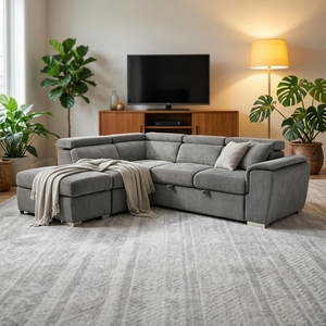 L Shaped Foldable Sectional <b>Sofa</b> <b>Bed</b> Chaise Ottoman Fabric Upholstery Convertible Design Living Room Contemporary Hotel Bedroom - Product Image 6