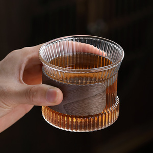 Alta Borosilicato Vidro Whisky Sipping Cup com Anti-Scald Manga De Madeira Ondulações Hot Tea <span class=keywords><strong>Glass</strong></span> Design Minimalista - Product Image 5