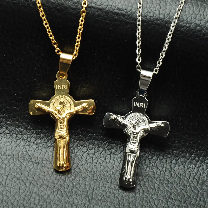 Wholesale Christian Jewelry Gold Plated Stainless Steel INRI Jesus Crucifix Cross Necklaces Pendants for Men 21.7' Chain