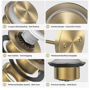 Tip Toe Pop up 1-3/8 ''ou 1-1/2'' Pouces Golden <span class=keywords><strong>Baignoire</strong></span> Drain Déchets Débordement Égouttoir Bouchon Métal Avec Deux Trous Façade Kits - Product Image 3