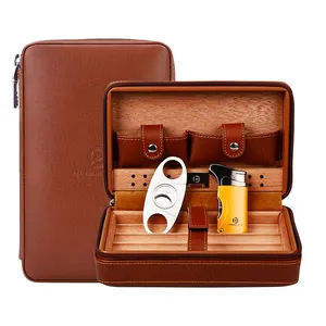 Personalised Wood Pu Leather Customized Cigar Humidors Travel Cigar Case With Logo Lighter And Cutter