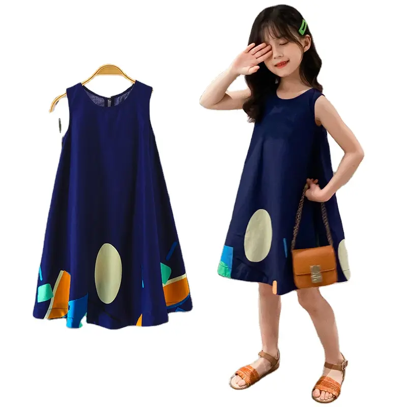 Kinderen Dragen Guangzhou Kleding Voor Kinderen Donkerblauw Geometrie Mouwloze Grens Print Jurk Solid Pure Zijden Jurk Dagelijks Leven