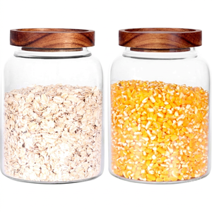 Grands pots en verre pour bonbons avec couvercles en bois, pots en verre à rayures verticales avec couvercle, récipients de stockage en verre pour sucre et farine - Product Image 1