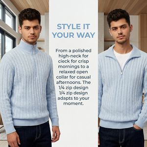 Suéter de punto estilo Old Money para hombre, con logotipo personalizado, fabricante OEM, jersey de algodón, proveedor con MOQ bajo, jersey con cremallera y cuello alto - Product Image 3