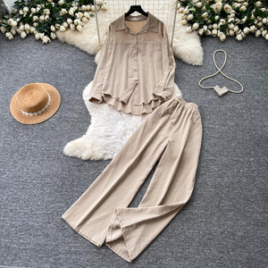 Completo Casual da <span class=keywords><strong>Donna</strong></span> in Due Pezzi: Camicia con Colletto e Bottoni a Maniche Lunghe, Pantaloni a Vita Alta Elasticizzata e Gamba Larga, per Uso Quotidiano Primavera-Autunno - Product Image 4
