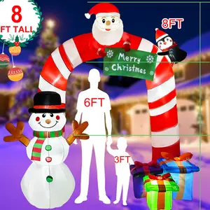 OurWarm 8FT Christmas Inflatables Candy Cane Archway Santa Penguin And Snowman Inflatable Arch Blow Up Yard Decorations