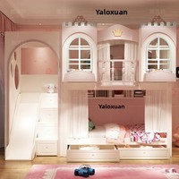 Lit superposé en bois massif pour deux filles, design maison d'arbre princesse, lit multifonctionnel haut/bas
