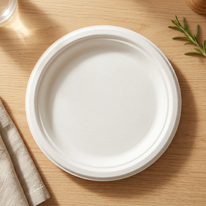 Assiette ronde blanche biodégradable de 9 pouces en bagasse de canne à sucre, compostable et jetable pour le dîner, le déjeuner et la restauration - Product Image 5