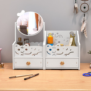 Desktop Makeup <b>Mirror</b> Storage Box With Flip Up <b>Mirror</b> Cosmetic Organizer For Student Dorm Bedroom <b>Plastic</b> Material - Product Image 2