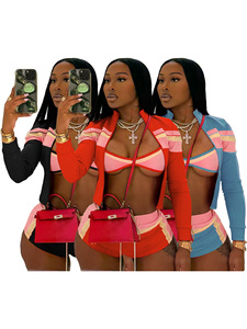 Tuta sportiva personalizzata <span class=keywords><strong>Set</strong></span> di pantaloncini Color Patchwork da donna Casual <span class=keywords><strong>Cardigan</strong></span> con cerniera Cropped <span class=keywords><strong>top</strong></span> Shorts 3 pezzi - Product Image 2