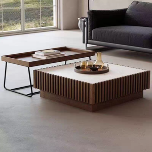 Ensemble de tables basses gigognes modernes en noyer à lattes, avec plateau en pierre frittée et <span class=keywords><strong>table</strong></span> <span class=keywords><strong>d</strong></span>'<span class=keywords><strong>appoint</strong></span> rétractable pour la <span class=keywords><strong>d</strong></span>écoration du salon - Product Image 3