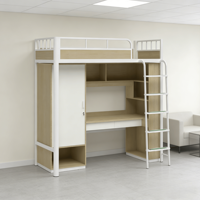 Lit mezzanine moderne en métal, gain de place, avec bureau, armoire, étagères de rangement et échelle de sécurité, tout-en-un, pour dortoir et usage hôtelier