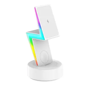 Bolt Shape nhanh Trạm Sạc RGB đầy màu sắc ánh sáng ban đêm nhanh chóng sạc không dây đứng 3 trong 1 15 Wát từ sạc không dây