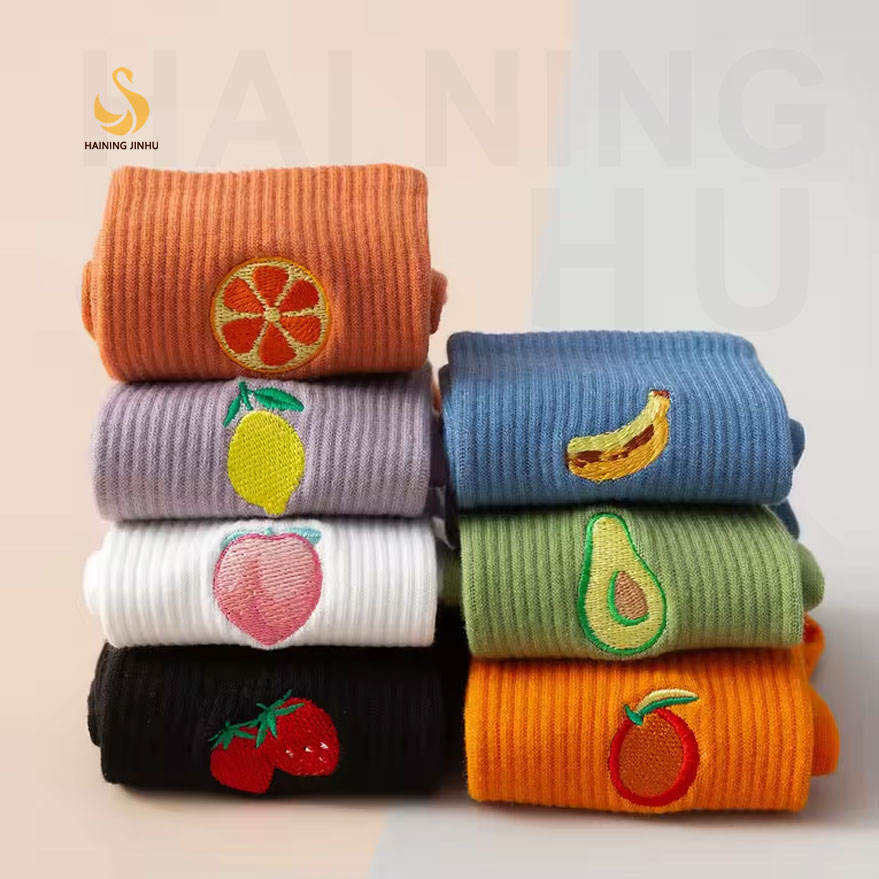 Custom Logo Fruit Embroidered Crew Socks for Men Women Colorful Cotton Casual Socks Wholesale OEM Fashion Sock Manufacturer