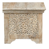 Table basse en bois massif sculptée à la main avec étagère de rangement ouverte – Finition naturelle rustique
