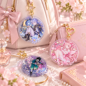 Llavero de acrílico de anime con diseño de muñeca redonda, colgante de mosquetón ligero con incrustaciones, patrón de estrellas y lunas en rosa y azul - Product Image 3