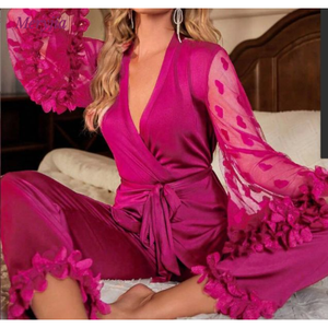 Meilleure vente Ensemble <span class=keywords><strong>de</strong></span> pyjamas en satin pour dames Taille XL Confortable Home Wear-Respirant Robe du matin Col en V Pure Love <span class=keywords><strong>Gaze</strong></span> Thermique Sexy - Product Image 1