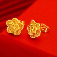 Aretes de Botón de Moda con Baño de Oro Amarillo de 24K y Diseño Floral de Fina Manufactura para Mujeres y Niñas