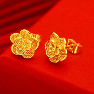 Aretes de Botón de Moda con Baño de Oro Amarillo de 24K y Diseño Floral de Fina Manufactura para Mujeres y Niñas - Product Image 5