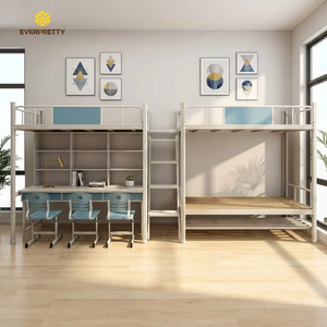 Lit superposé triple moderne en acier blanc avec tiroir, table et échelle pour dortoir, école, chambre à coucher, appartement - Product Image 2