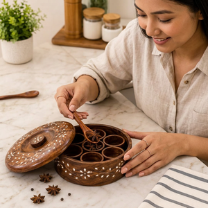 Caja de especias de madera tallada a mano con diseño floral y almacenamiento compartimentado para uso en la cocina. - Product Image 1