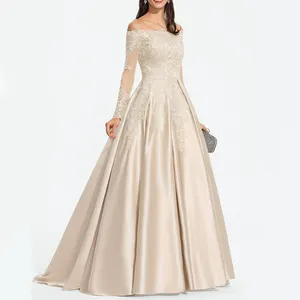 Gold Evening Dresses Off Shoulder Long Sleeve A-line Satin Luxury Lace Celebrity Prom Gowns New Woman Dresses