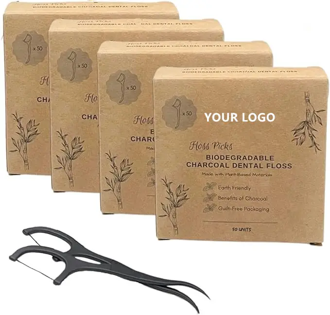 Bamboo Charcoal Vegan zero waste Eco Friendly Biodegradable floss Disposable Mint Dental Floss Picks oral dental