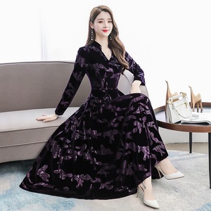 Donne vintage con scollo a v manica lunga inverno <span class=keywords><strong>midi</strong></span> casuale abito di <span class=keywords><strong>velluto</strong></span> della signora - Product Image 3