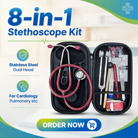 Kit Stéthoscope Médical Léger 8-en-1 en Acier Inoxydable à Double Tête pour Cardiologie, avec Étui Rigide, Certifié MDR CE pour Médecin