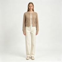 Gaby – Cardigan tricoté à manches longues pour femme, de haute qualité, en maille pointelle bleue, personnalisable OEM, couleur marron, avec boutons en corne