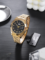 Reloj de Cuarzo Clásico con Caja de Aleación, Correa de Acero Inoxidable, Diseño Retro Dorado de 22K, Cristal, Manecillas, Tendencia de Moda para Hombre, Diamantes, 41MM