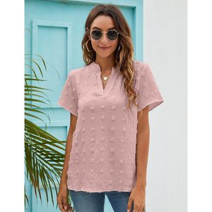 Blusa de gasa para mujer, manga corta, cuello en V, con pompones, camisa informal para el trabajo - Product Image 3
