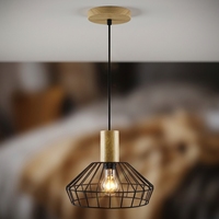 Suspension en métal noir et bois, style Art Déco moderne, avec câble noir, lampe LED pour cuisine et salle à manger