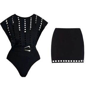 2026 Women One-Piece <b>Swimsuit</b> Set Hollow Out Cap Sleeve Spandex/Nylon Quick Dry Breathable <b>High</b> Cut Short Skirt Beachwear - Product Image 5