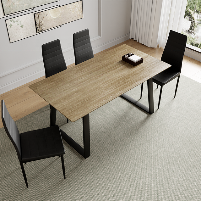 Nordic Style 6 Seater Stable Wooden Dining Set with Chrome Frame and Wooden Backrest Chairs Modern Dining Table