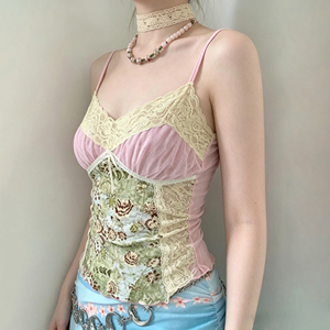 Sweet Girly Pure Style Lace <b>Patchwork</b> Color Block Vintage Print Camisole Fashion Sexy Slim Fit Tank <b>Top</b> for Women - Product Image 4
