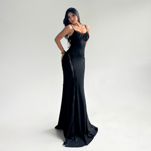 Vestido de Noche Elegante para Mujer, Color Sólido, con Encaje, Corte Entallado, Tirantes Finos, Cola de Capilla, Abertura Lateral, Cómodo para Fiestas - Product Image 2