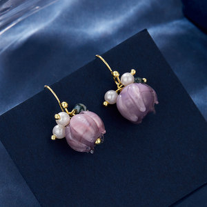 Retro Chinese Style Purple Glass Flower Drop Earrings With Pearl Accents For Women Fashion Jewelry - Product Image 4