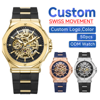 Montres mécaniques entièrement personnalisées, or, automatiques, haut de gamme pour hommes, montre squelette avec bracelet en silicone