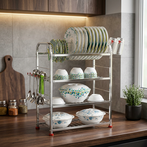 Étagère à vaisselle en métal à 3 niveaux, support de rangement multifonctionnel pour la cuisine avec crochets pour assiettes, bols, tasses - Product Image 4
