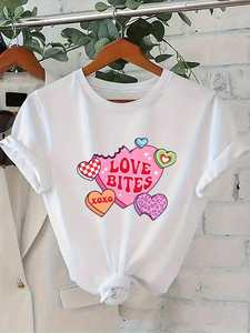 T-shirt da donna con stampa a cuore e scollo rotondo, a maniche corte, vestibilità ampia, casual, per tutte le stagioni, top per San Valentino - Product Image 3