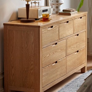 Meuble TV en chêne massif pour chambre et salon avec six tiroirs, entièrement meublé, ensemble de rangement simple - Product Image 4