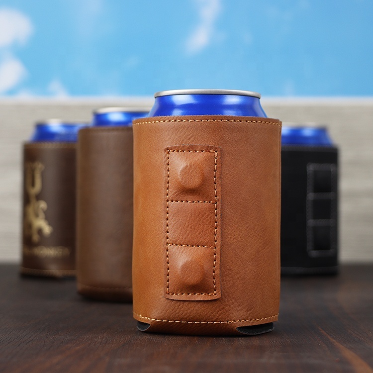 Изготовленные на заказ кожаные магнитные Koozies, тонкие контейнеры с изолированным рукавом, свадебный подарок, пивные бутылки Koozies с логотипом