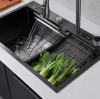 Évier de cuisine intelligent à cascade, fait main, moderne, en acier inoxydable 304 noir nano, avec affichage numérique, poste de travail, grand format, simple, vente en gros