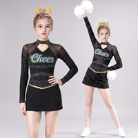 Ensemble de performance pour compétition d'équipe : Uniforme de cheerleading personnalisé OEM pour filles, noir et or, avec strass, haut en résille à manches longues et jupe